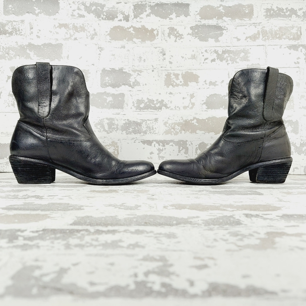 Guess Black Leather Almond Toe Block Heel Ankle Moto Boots O 553 - Picture 8 of 14